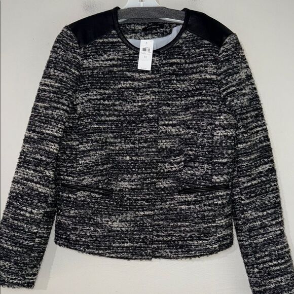 ANN TAYLOR Womens sz 10 black faux leather trim boucle jacket - Picture 1 of 10